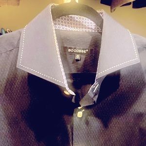 Black Bogosse button down shirt with white buttons.